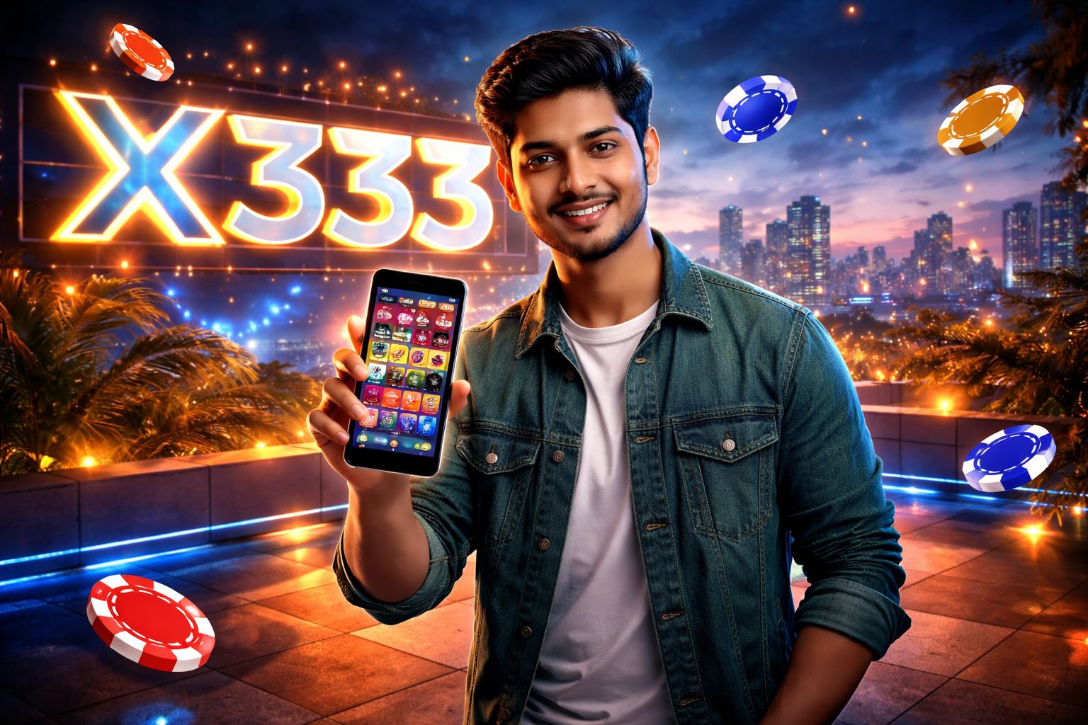 Enthusiastic Bangladeshi gamer showcasing a vibrant casino interface on a tablet with glowing chip animations symbolizing excitement and trust at X333