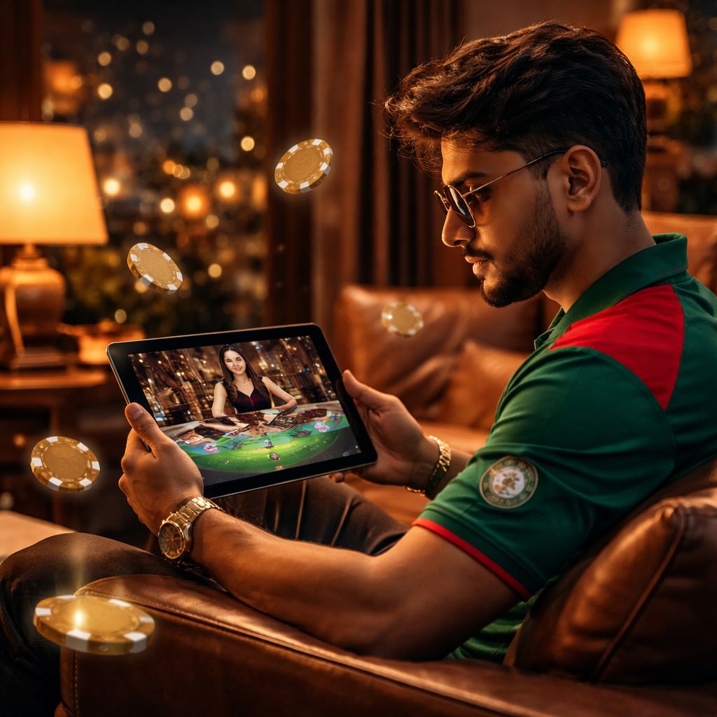 Sophisticated gaming atmosphere featuring a stylish player surrounded by floating poker chips and golden light representing the premium X333 experience