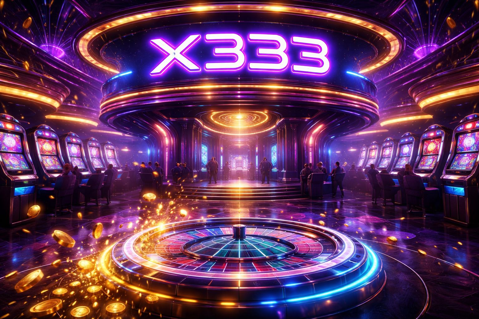 A glowing neon X333 sign above a lavish digital casino floor with spinning roulette wheels and cascading gold coins representing premium online gaming in Bangladesh