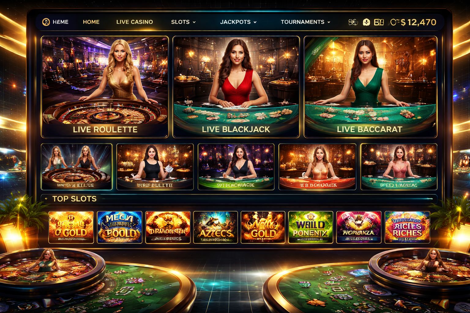Confident professional casino host standing beside an illuminated roulette wheel with floating golden chips symbolizing the elite live dealer experience at X333 Casino in Bangladesh