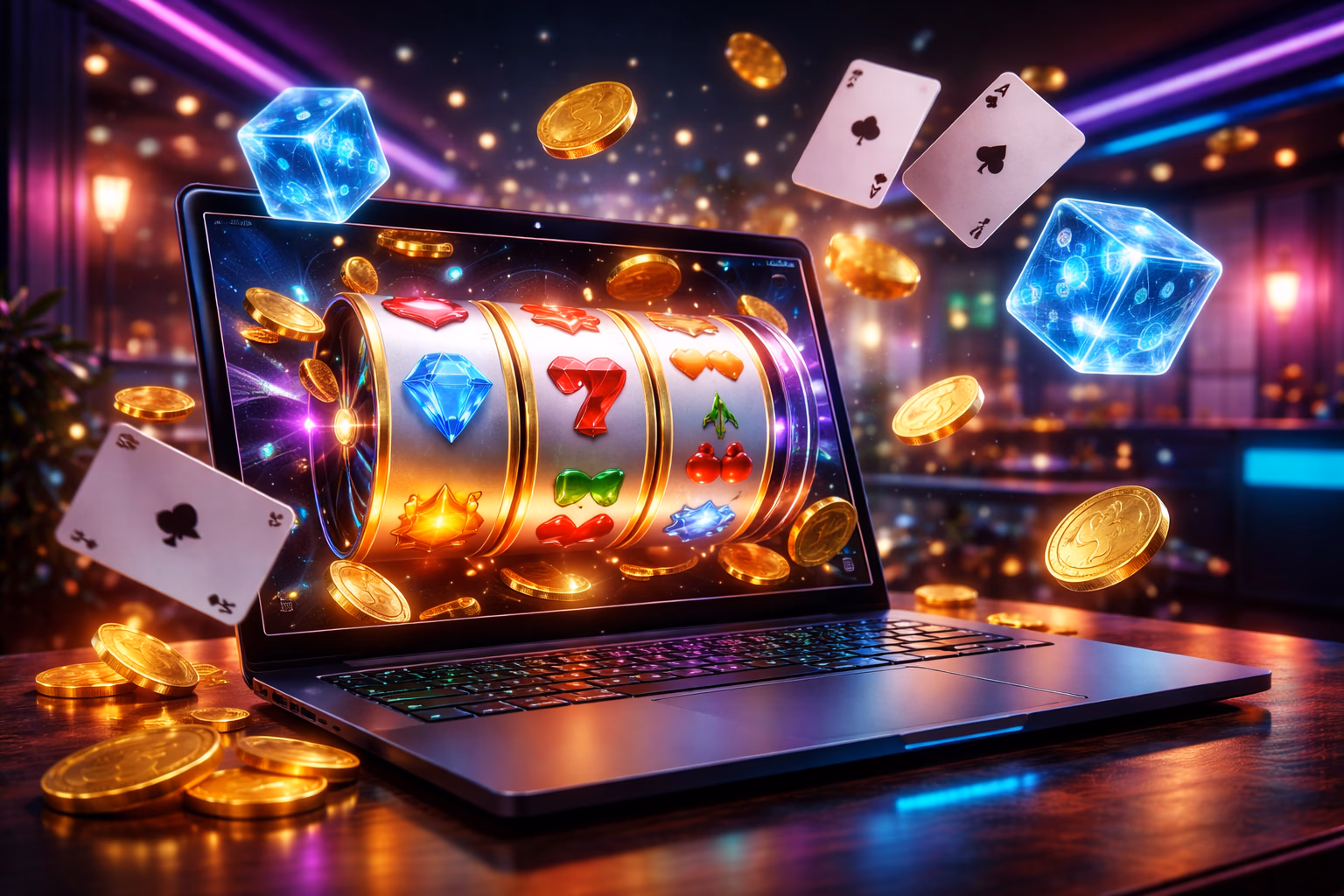Laptop displaying the X333 Aviator crash game surrounded by floating coins and colorful casino elements in a dynamic digital scene